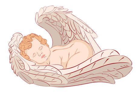 illustration of sleeping angel on white background のイラスト素材