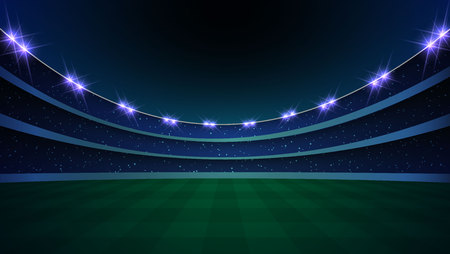 Stadium with illumination, green grass and night sky. vector illustrationのイラスト素材