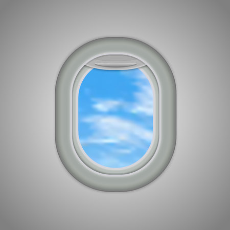 Airplane windows with cloudy blue sky outside.のイラスト素材