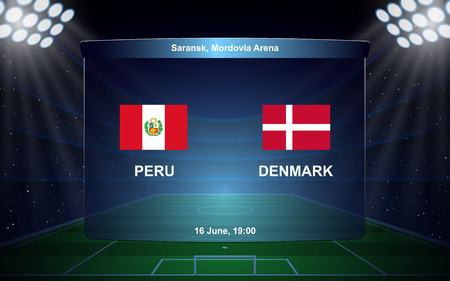 Peru vs Denmark. football scoreboard broadcast graphic soccer templateのイラスト素材
