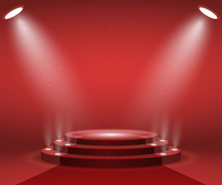 Stage with lights for awards ceremony. Illuminated Round Podium with red carpet. Pedestal.のイラスト素材