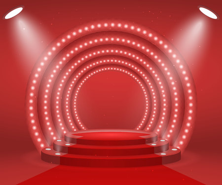 Stage with lights for awards ceremony. Illuminated Round Podium with red carpet. Pedestal.のイラスト素材