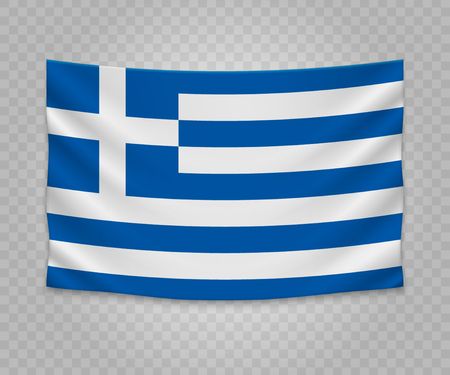 Realistic hanging flag of Greece. Empty  fabric banner illustration design.のイラスト素材