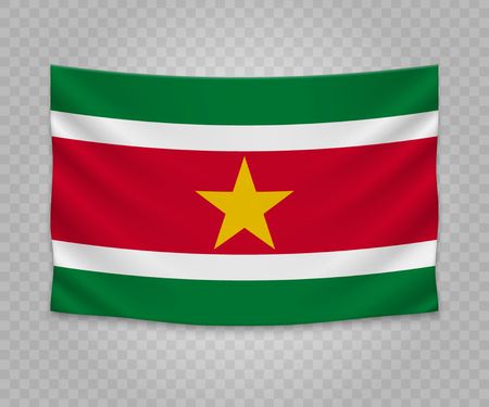 Realistic hanging flag of Suriname. Empty  fabric banner illustration design.のイラスト素材