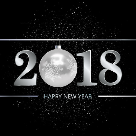 Colorful vector illustration of New Year card template with golden and silver balls and New Year greetingsのイラスト素材
