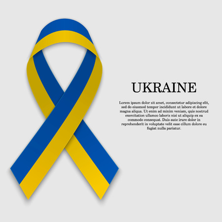 Flag of Ukraine on stripe ribbon isolated on white background. Template for independence dayのイラスト素材