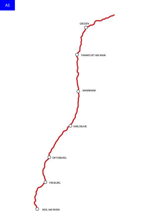German highway route A5. Bundesautobahn 5. Road map of Germanyのイラスト素材