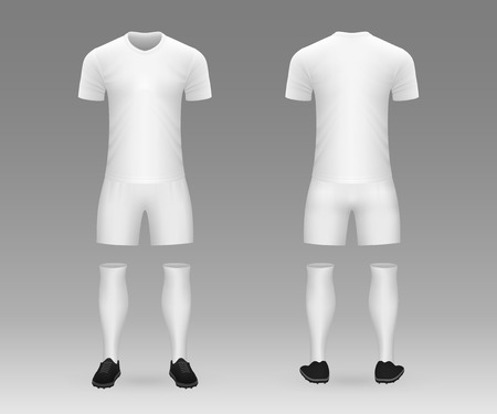 3D realistic template soccer kit with jersey, pants and socks on shop backdrop. Mockup of football team uniformのイラスト素材