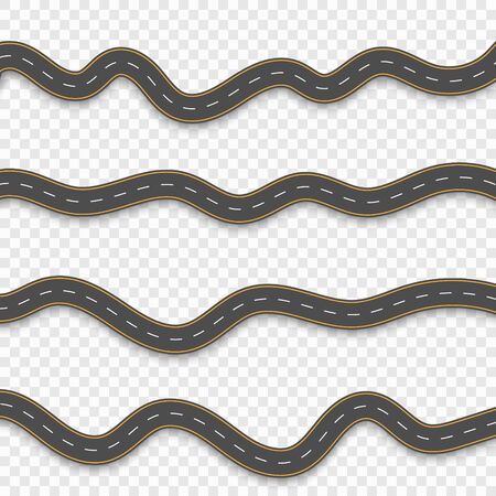 Roads with white stripes on a transparent background. Set curved routesのイラスト素材