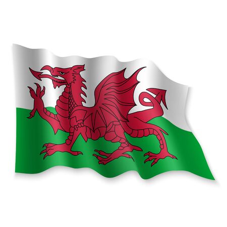 3D Realistic waving Flag of Wales on white backgroundのイラスト素材