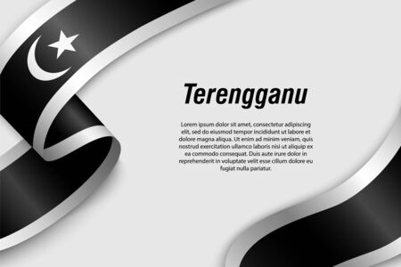 Waving ribbon or banner with flag of Terengganu. State of Malaysia. Template for poster designのイラスト素材