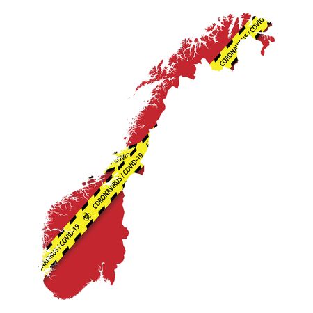Map of Norway with warning quarantine yellow tape. Danger coronavirus Bannerのイラスト素材