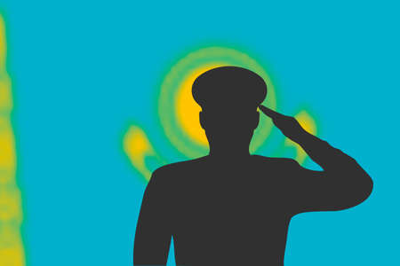 Solder silhouette on blur background with Kazakhstan flag. Template for memorial dayのイラスト素材