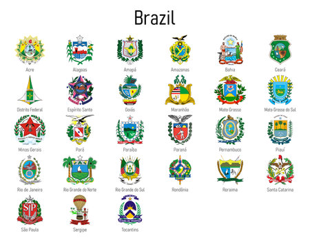 Coat of arms of the states of Brazil, All Brazilian regions emblem collectionのイラスト素材
