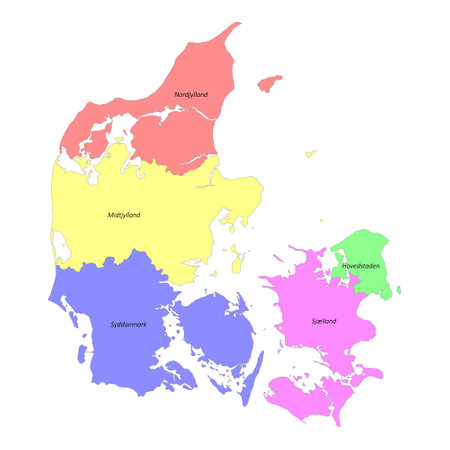 High quality colorful labeled map of Denmark with borders of the regionsのイラスト素材