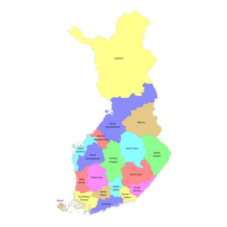 High quality colorful labeled map of Finland with borders of the regionsのイラスト素材