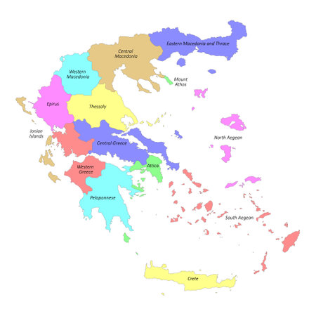 High quality colorful labeled map of Greece with borders of the regionsのイラスト素材