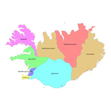 High quality colorful labeled map of Iceland with borders of the regionsのイラスト素材