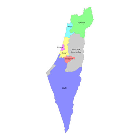High quality colorful labeled map of Israel with borders of the regionsのイラスト素材