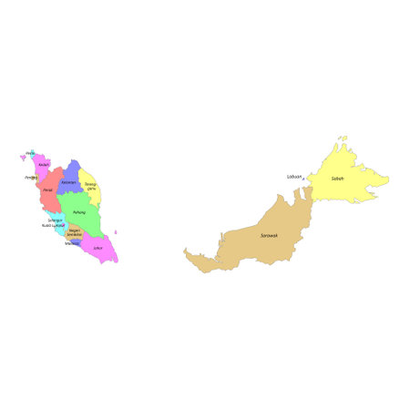 High quality colorful labeled map of Malaysia with borders of the regionsのイラスト素材