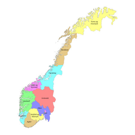 High quality colorful labeled map of Norway with borders of the regionsのイラスト素材