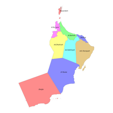 High quality colorful labeled map of Oman with borders of the regionsのイラスト素材