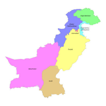 High quality colorful labeled map of Pakistan with borders of the provincesのイラスト素材