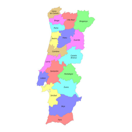 High quality colorful labeled map of Portugal with borders of the regionsのイラスト素材