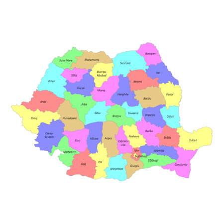 High quality colorful labeled map of Romania with borders of the regionsのイラスト素材