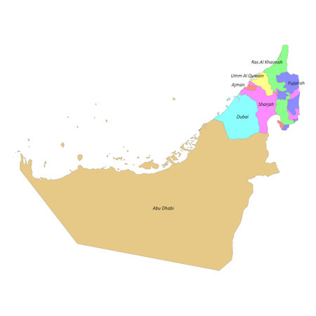 High quality colorful labeled map of United Arab Emirates with borders of the regionsのイラスト素材