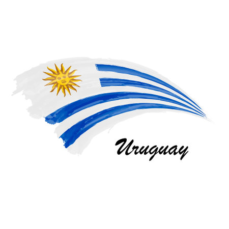 Watercolor painting flag of Uruguay. Hand drawing brush stroke illustrationのイラスト素材