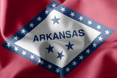 3D illustration flag of Arkansas is a region of United States. Waving on the wind flag textile backgroundの写真素材