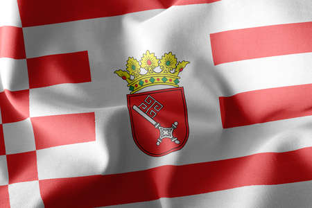 3D illustration flag of Bremen is a region of Germany. Waving on the wind flag textile backgroundの写真素材
