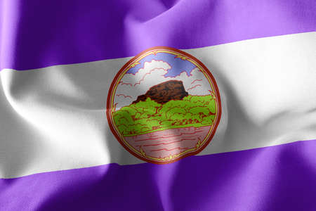 3D illustration flag of Bueng Kan is a province of Thailand. Waving on the wind flag textile backgroundの写真素材