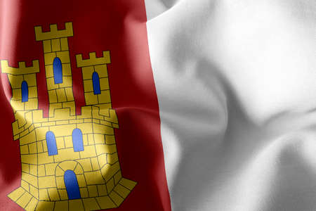3D illustration flag of Castilla â€“ La Mancha is a region of Spain. Waving on the wind flag...
