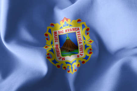 3D illustration flag of Huancavelica is a region of Peru. Waving on the wind flag textile backgroundの写真素材