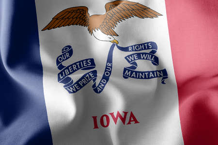 3D illustration flag of Iowa is a region of United States. Waving on the wind flag textile...