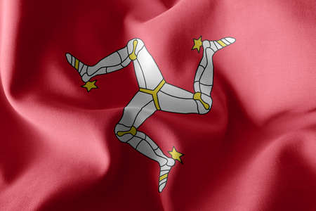 3D illustration flag of Isle of Man is a region of United Kingdom. Waving on the wind flag textile backgroundの写真素材