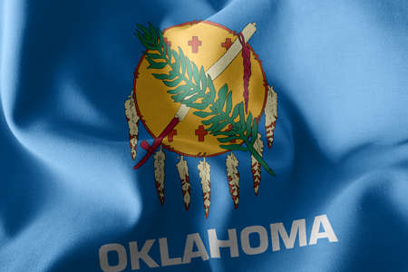 3D illustration flag of Oklahoma is a region of United States. Waving on the wind flag textile backgroundの写真素材