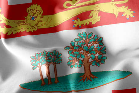 3D illustration flag of Prince Edward Island is a region of Canada. Waving on the wind flag textile backgroundの写真素材