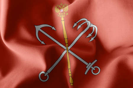 3D illustration flag of Saint Petersburg is a region of Russia. Waving on the wind flag textile...