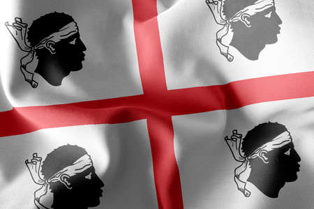 3D illustration flag of Sardinia is a region of Italy. Waving on the wind flag textile backgroundの写真素材