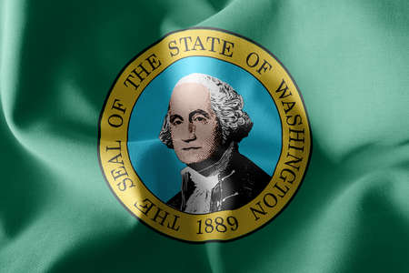 3D illustration flag of Washington is a region of United States. Waving on the wind flag textile backgroundの写真素材