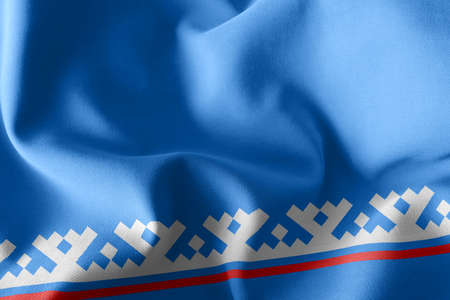 3D illustration flag of Yamalo-Nenets Autonomous Okrug is a region of Russia. Waving on the wind flag textile backgroundの写真素材