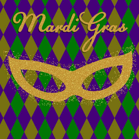 Mardi gras background with golden fat tuesday mask. Greeting card with shining beads on traditional colors background Template for your designのイラスト素材