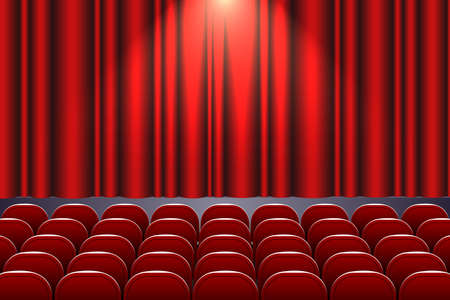 Theater auditorium with rows of red seats and stage with curtain - vector illustration Template for your designのイラスト素材