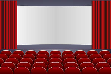 Theater auditorium with rows of red seats and stage with curtain - vector illustration Template for your designのイラスト素材