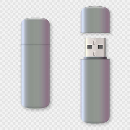 Blank usb drive design mock up set, 3d rendering. Clear plastic flash disk template opened, closed....