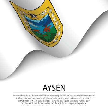 Waving flag of Aysen is a region of Chile on white background. Banner or ribbon vector templateのイラスト素材