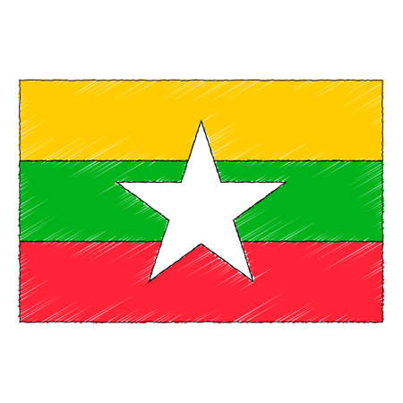 Hand drawn sketch flag of Myanmar. Doodle style vector iconのイラスト素材